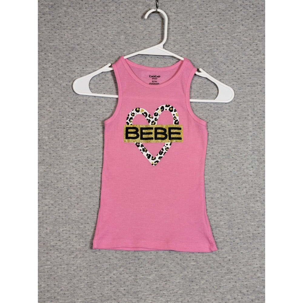 Bebe Sport Tank Top Girls 7/8 Pink Glitter Logo Heart